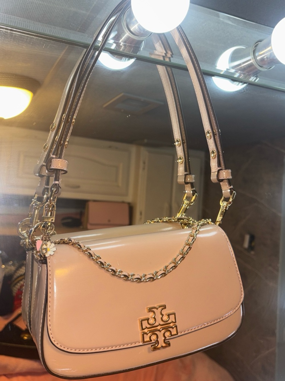 Tory Burch Blush Patent Leather Shoulder Bag with Gold Chain